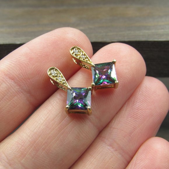 Sterling Gold Plated Rainbow CZ Gem Earrings - Picture 2 of 6